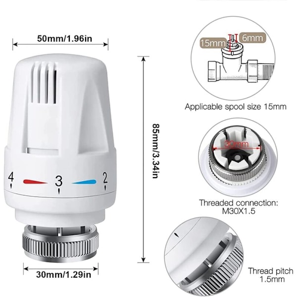Set med 4 Termostatventilhuvuden, M 30 x 1,5 Radiatorventil Ersättningshuvud, Termostatisk Radiatorventil, Anslutet Termostatventilhuvud för Hemmakontor