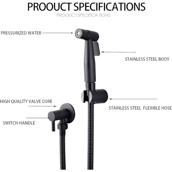 Rustfrit bidet-sprayer i rustfrit stål, bidet-sprayer-sæt, hane-sprayer til toilet (sort)
