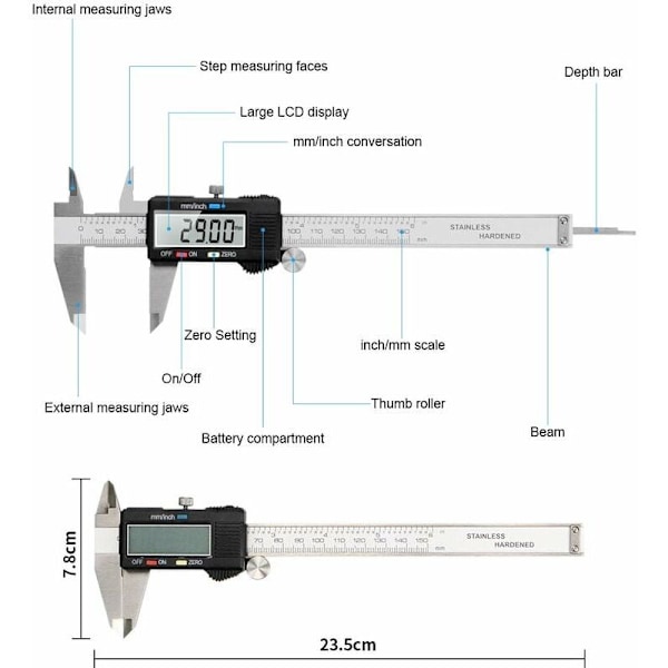 Vernier-mitta, digitaalinen Vernier-mitta 150 mm ruostumatonta terästä suuri LCD-näyttö säädettävä tarkkuus 0,01 mm, mm/tuuma muunnos, roiskesuojattu, kotitalous