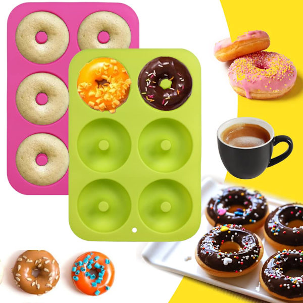 Silikone Donutforme, 2-pak Non-Stick fødevarekvalitet silikoneforme til Donutbagning – Grøn og Pink