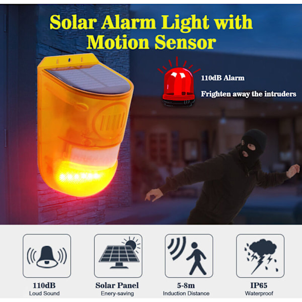 Solarlarm med PIR-rörelsedetektor, LED-stroboskopljus, kraftfull 110 db, utomhus, IP65, vattentät, uppladdningsbar, för gård, lager, co