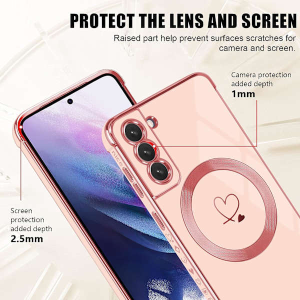 Rosa fodral för Samsung Galaxy S21 Fodral för kvinnor Flicka [MagSafe-kompatibelt] Sött hjärtmönster Magnetiskt fodral med pläterad kant Silikon Stötsäkert skydd