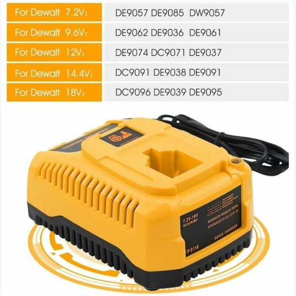 (Keltainen) DC9310 Dewalt Nicd ja Nimh 7.2 V-18 V akkulaturin korvaaja DC9096 DC9098 DC9099 DC9091 DC9071 DE9057 DW9096