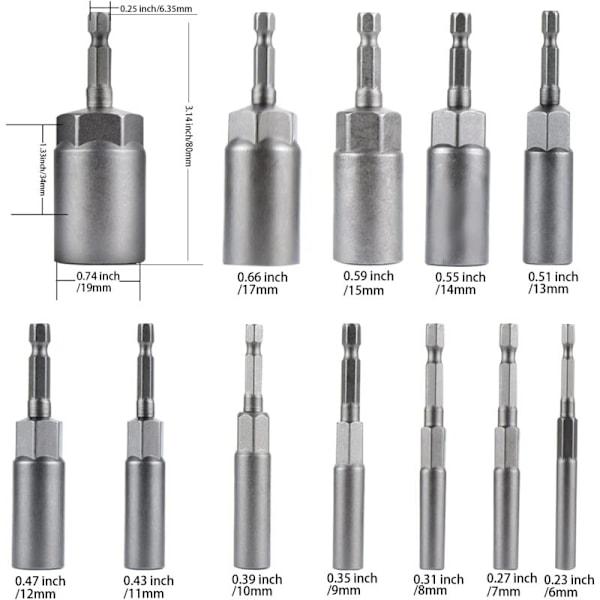 1/4\" 6-19mm Hylsbitsadapter Skruvmejselbits för Handborr, Elektrisk Skruvmejsel, Hylsnyckel (12st)