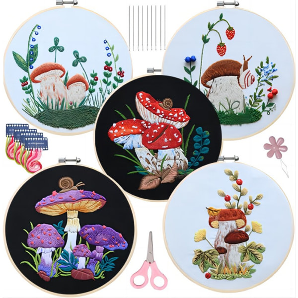 Broderikit för nybörjare, broderikit med båge, färgglada nålar och trådar, sax, tyg (5-pack)