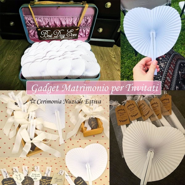 Sett med 20 vifter til bryllup, papir, hvite, hjerteformede for bryllupspose og bryllupsdekorasjon