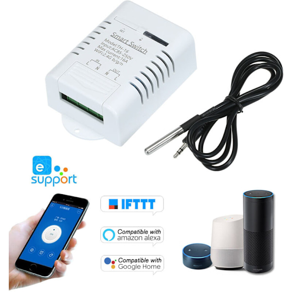 Th-16 Smart Wifi Switch 16A/3500W Temperaturövervakning Trådlöst Domotic Kit med vattentät temperatursensor DS18B20 kompatibel med Alexa Googl