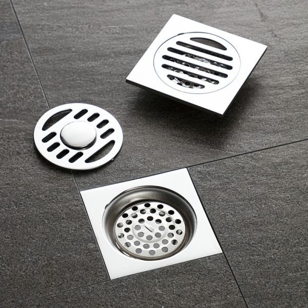 Gulvafløb i rustfrit stål, aftageligt afløbsdæksel til badeværelse, bruseniche, firkantet toilet, have, si, rustfrit 9,7 x 9,7 cm, sølv