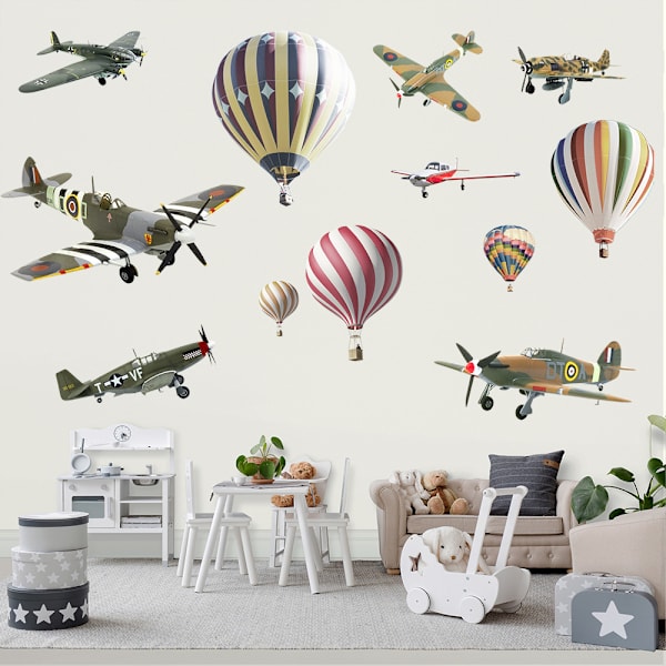 Varmtluftballon og Fly Kunstvægdekoration Tegneseriefly Farve Retro Fly Mural (35 \"x 12\" X 2 stk)