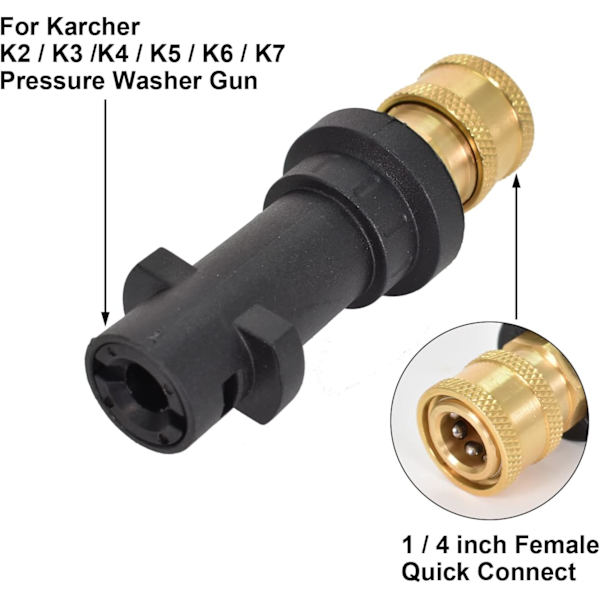 Adapter för högtryckstvätt, 1/4 snabbkoppling kompatibel med Karcher K2-K7, med 5-pack flerstegsmunstycken, tillbehörssats för högtryckstvätt