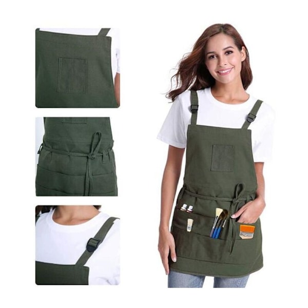 Förkläde Professionellt Canvasförkläde med Fickor för Kvinnor Män Vuxna, Armégrön, Justerbart (10070cm)