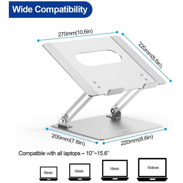 Laptopstativ, Ergonomiskt Laptopstativ, Aluminium Laptopstativ Kompatibelt med 10-15,6 tum Air, Pro, Dell, HP, Lenovo (Silver)