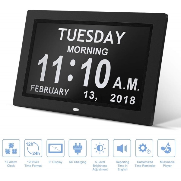 Digitaalinen kalenteripäiväkello valokuvakehys (9 tuuman musta) - Automaattinen himmennysnäyttö, suuri näkövammaisten digitaalinen kello, jossa ei ole lyhennettyä päivää ja