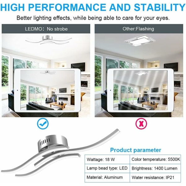 18W Modern Wave Shape LED kattovalaisin 1400lm 105leds kattovalaisin 3 varrella, 5500k Positive White Light LED kattokruunu Keittiö Makuuhuone