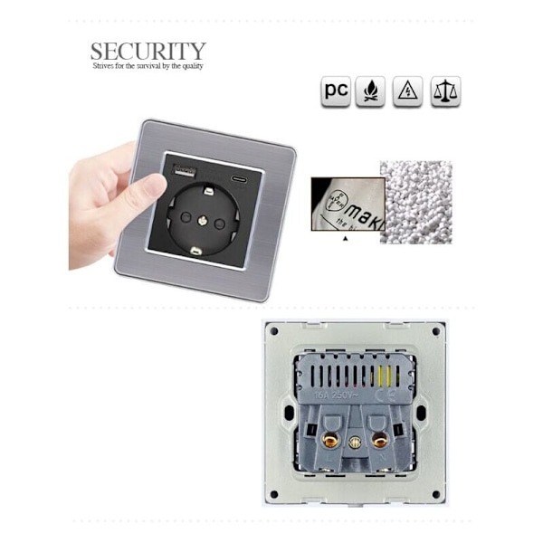 Ranskalainen Type-c+USB16A Type 86 -pistorasiapaneeli, Pistorasioiden määrä: 2 reikää, USB-porttien määrä: 1, Type-c-porttien määrä: 1, Turvallinen ja tukeva (Valkoinen neliö)