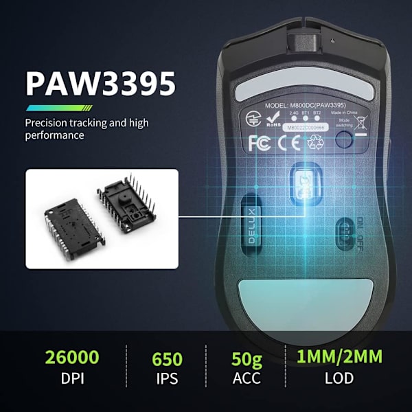 M800PRO Trådløs Gaming Mus, Paw 3395 med 26000 DPI, Ultralet 72g, Tri-Mode, 80 Timers Batteri, med Glasfødder og Klæbebånd, Huano