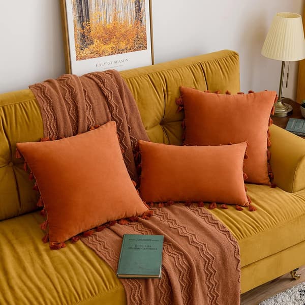 2 stk. fløjlsbløde ensfarvede dekorative pudebetræk med frynser Boho pudebetræk til sofa seng orange