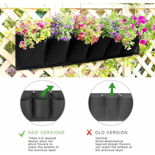 Vertikal planteringsväska, trädgårdsväxtväska väggmonterad planteringskruka balkong hängande kruka inomhus utomhus blomma 6 fickor (svart)