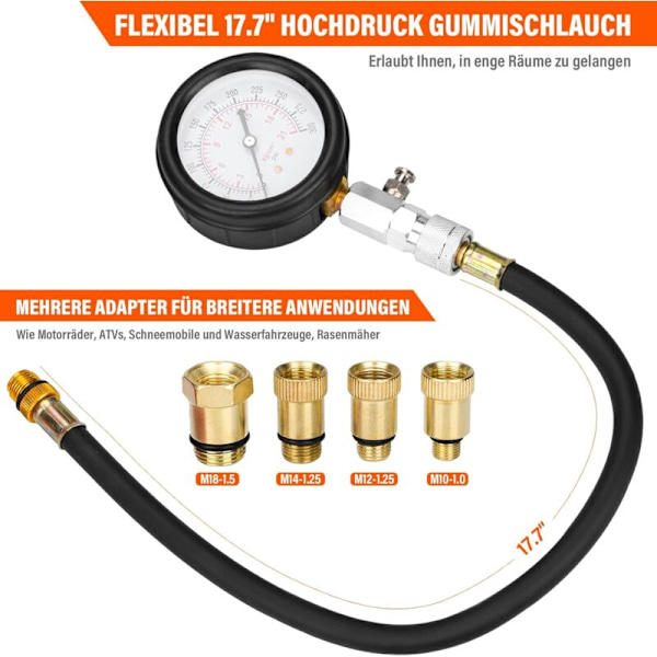Sylinderkompresjonstester, kompresjonsmåler for bensinmotorer, 0-21 bar & 0-300 PSI med tennpluggtester og 4 M112 M14 M18 M18 adaptere