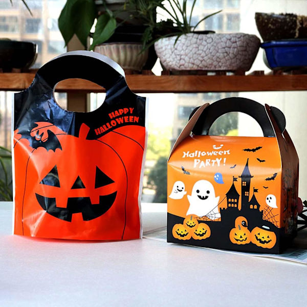 50 kpl Halloween-pusseja Temppupusseja Kahvalla Herkkukarkki-Suosikeille, Halloween-juhlatarvikkeet Irtotavarana Muovilahjapussit Lapsille
