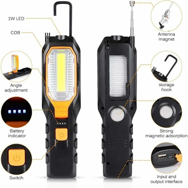 LED arbetslampa för verkstad, COB magnetisk inspektionslampa med 4 ljuslägen, uppladdningsbar campinglampa med 80/280 lumen för bil, reparation, garage,