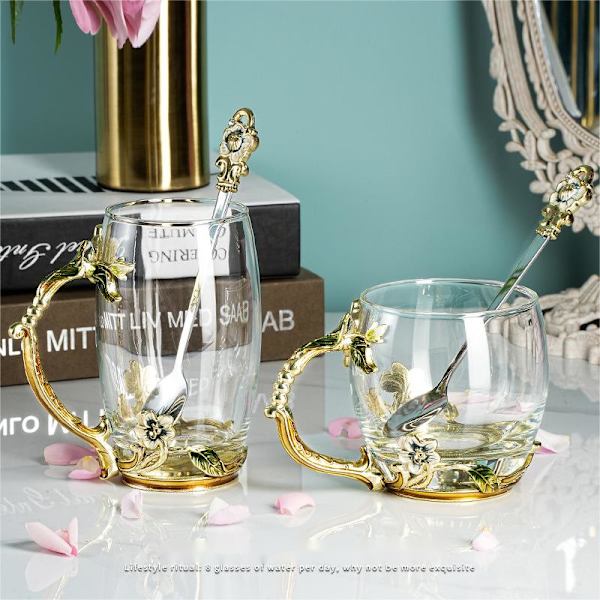 Glas emaljekrus - Den bedste fødselsdagsgave til kvinder - Sort te-kop med ske - Kvindernes gave til hende - Mors dag - Valentinsdag - 370ml-330ml
