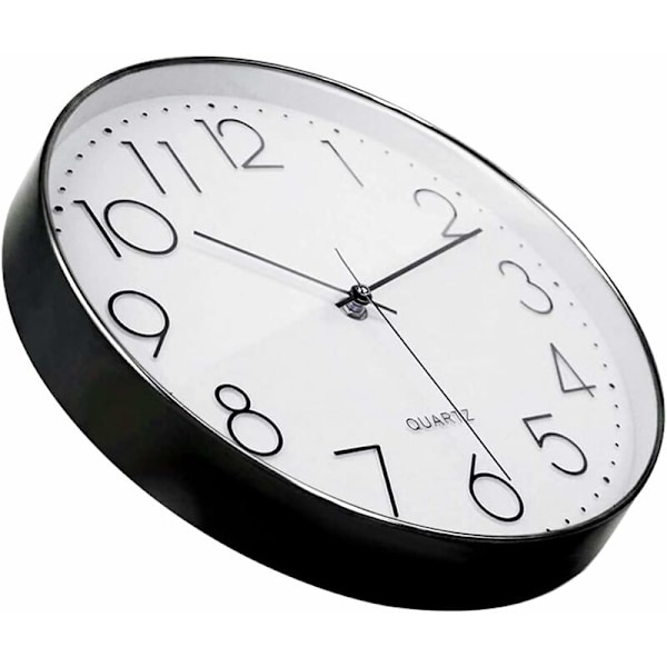 Moderne 12-tommers vægur, lydløst quartz køkkenur med letlæseligt rundt batteri til huset/kontoret/skolen, sort, hvid