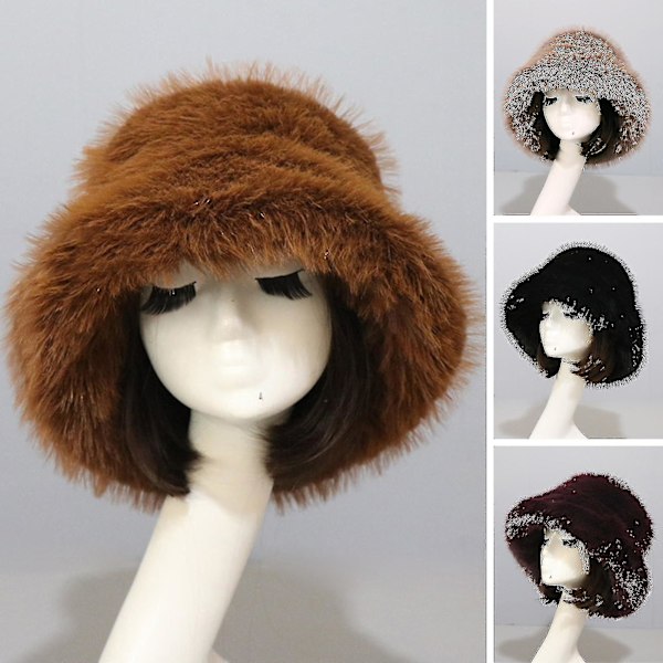 Stor, fluffig solhatt med bred brätte, mjuk och tjock, öronvärmare, konstpäls, vinter, varm, damhatt, fiskarehatt för vardagen