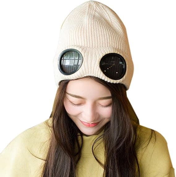 Unisex Goggle Beanie Stickad Vinter Chunky Beanie Hat(Beige)
