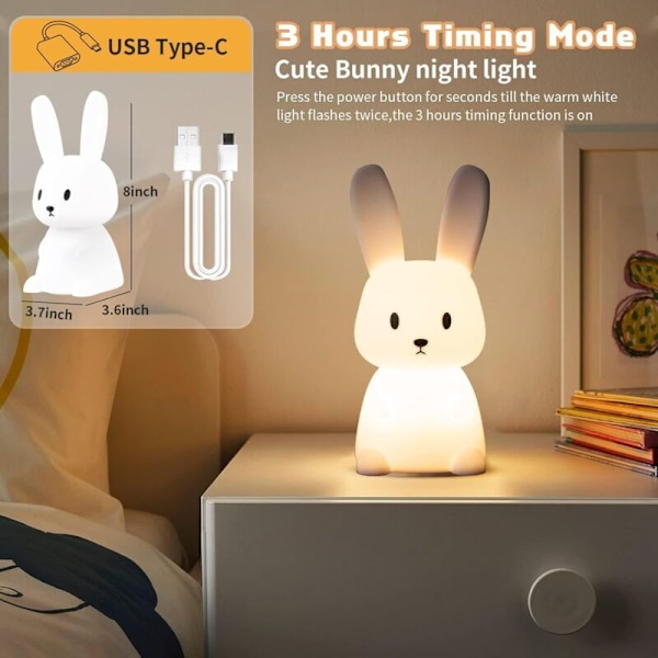 Baby Bunny Nattlampa med 7 Ljusförändringar Tryckkontroll USB-Laddning Timerfunktion Sänglampa för Barn Sovrum Present Leksak Silikon Nattlampa för Ch