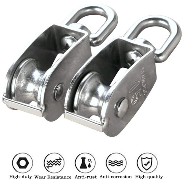 12 stycken M15 Enkel trissa i rostfritt stål 304, 15mm Endast trissor Rullblock, kran kran slät krok rep vajer kabel lastkapacitet 35kg
