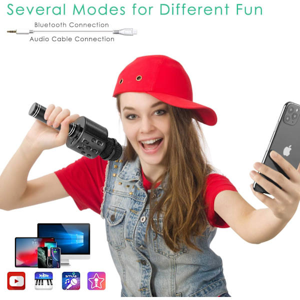Lasten karaoke langaton Bluetooth-mikrofoni (musta), 5-in-1 kannettava kädessä pidettävä kaiutinsoitin tallennin, säädettävä miksaus FM-radio, sopii lapsille