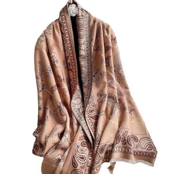Dameprintede mode varmt tørklæde sjal omviklet med kvaster Vinter tykt tæppe Ponchojakke Camel