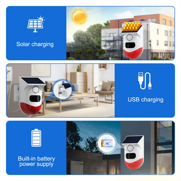 Solar bevægelsesdetektor alarm Udendørs alarm 120 dB Sirene Sirète Stroboskoplys LED Sikkerhed Sikkerhedsalarm Justerbar detektion IP65 Bevægelsesdetektor