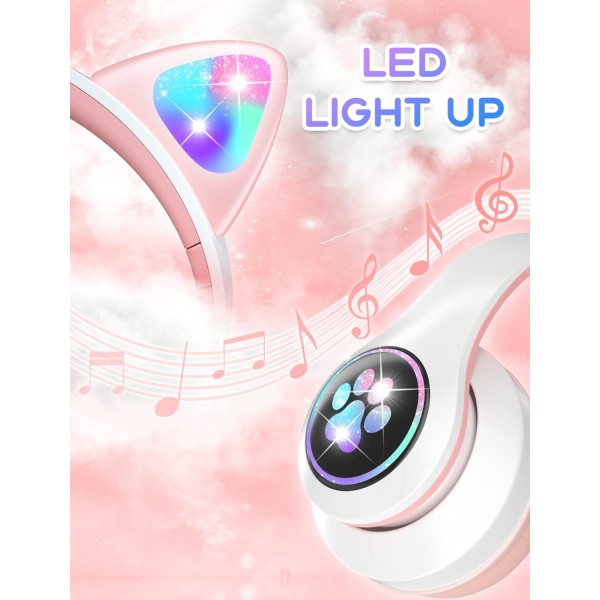 Bluetooth-lasten kuulokkeet HD-mikrofonilla/LED-valoilla (vaaleanpunainen), 85 dB:n äänenvoimakkuudella rajoitetut lasten kuulokkeet, stereokuulokkeet älypuhelimille, iPa
