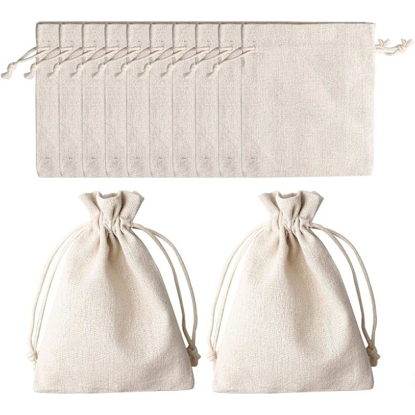 Pakke med 12 små bomuldsposer 12 x 17 cm beige bomuldsposer med snøre naturlige poser til smykker gave stofposer