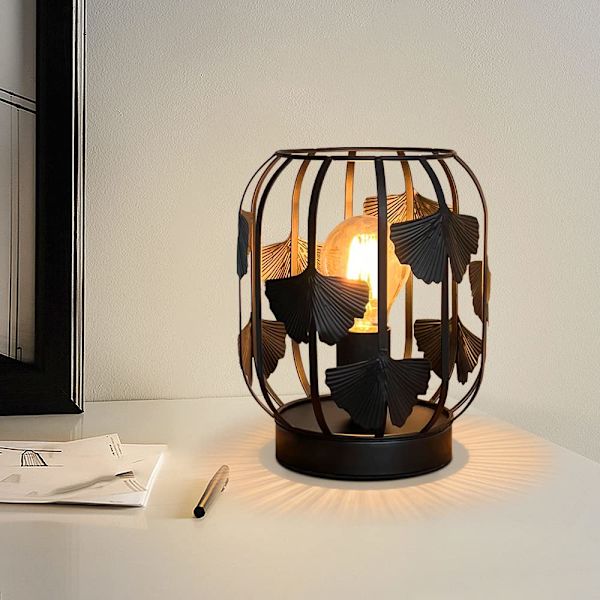 Metallbordlampe med ginkgobladmønster for soverom, stue, nattbord, kontor, hjem (svart)