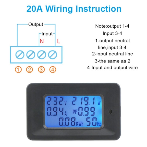 Digital spänningsmätare 20A LCD 5KW energimätare effektfaktor energifrekvensmätare voltmeter amperemeter d amperemeter d