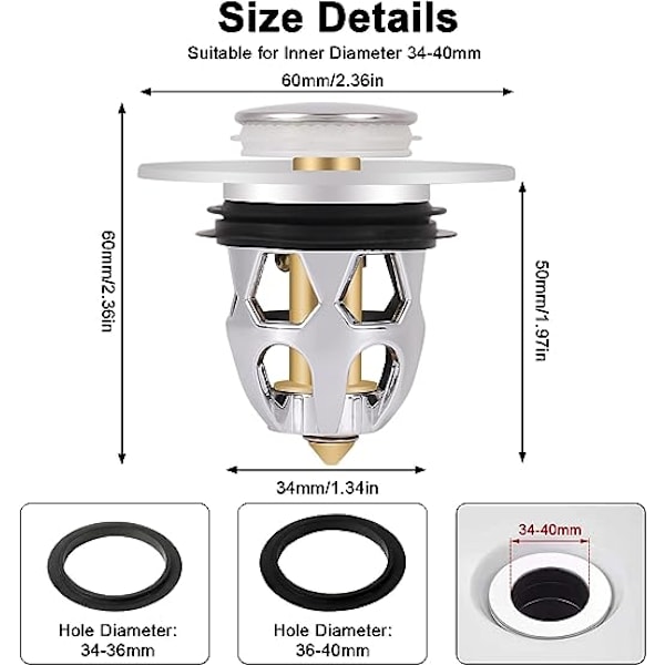 Pop-up vaskepropper, 2 universelle vaskepropper med 2 skiver, anti-stop afløbsfilter, køkken- og badeværelsesafløbspropper (34-40mm)