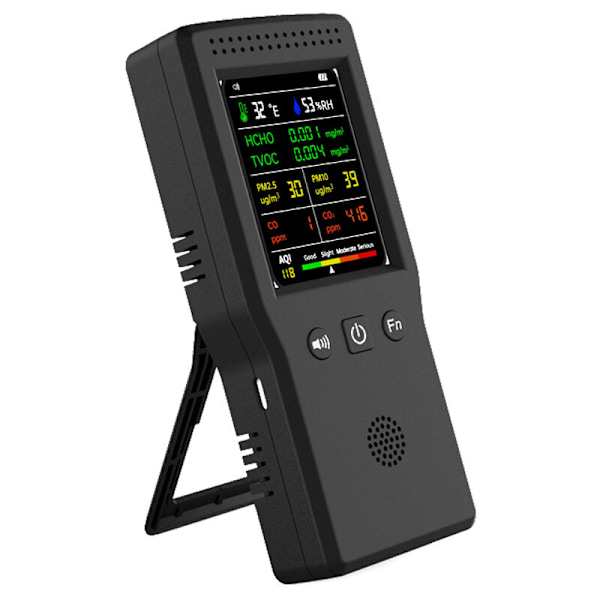 Bærbar luftkvalitetsdetektor 9 i 1 fugtighed temperatur PM2.5 PM10 HCHO TVOC CO CO CO2 AQI Multifunktionel luftkvalitet LCD farveskærm med baggrundsbelysning
