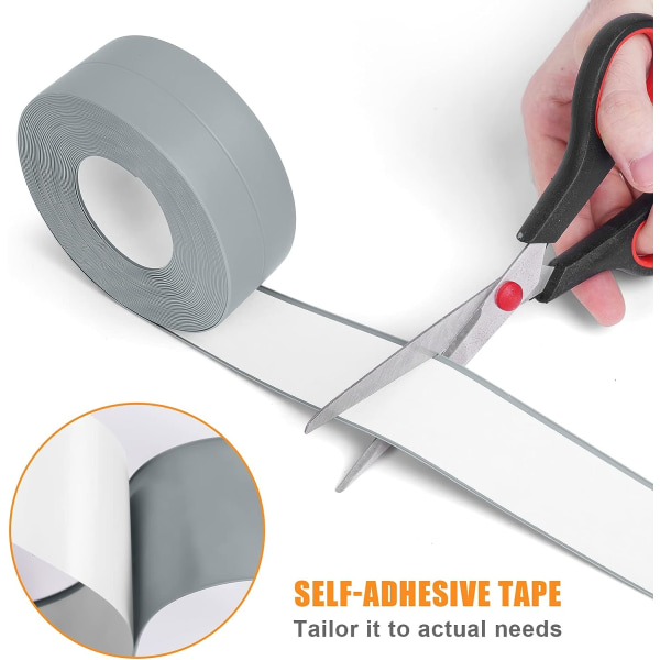 Baderomstett, 3,2m*3,8cm Selvklebende Tetningslist, Selvklebende PVC Tetningsbånd for Badekar, Bad, Kjøkken, Muggsikker, Fuget (Grå)