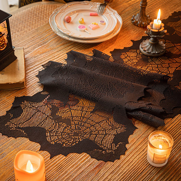 Halloween musta lepakko pöytäjuoksija amerikkalainen aavefestivaali pitsi pitkä pöytäliina Halloween-juhlatarvikkeet koristekangas