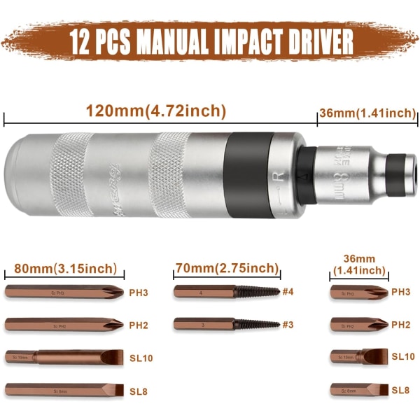 Impact Screwdriver Set, Manual Impact Screwdriver, Adapter, and Drill Bit Set, 12-Piece, 1/2-Inch