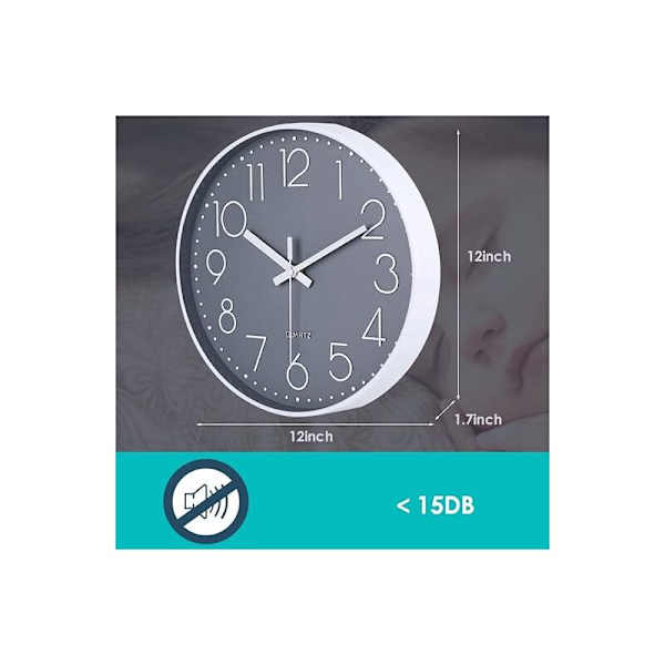 Moderne lydløst vægur uden tik-tak, lydløst vægur vægmaleri pendul til værelset køkken stue-grå-30 cm