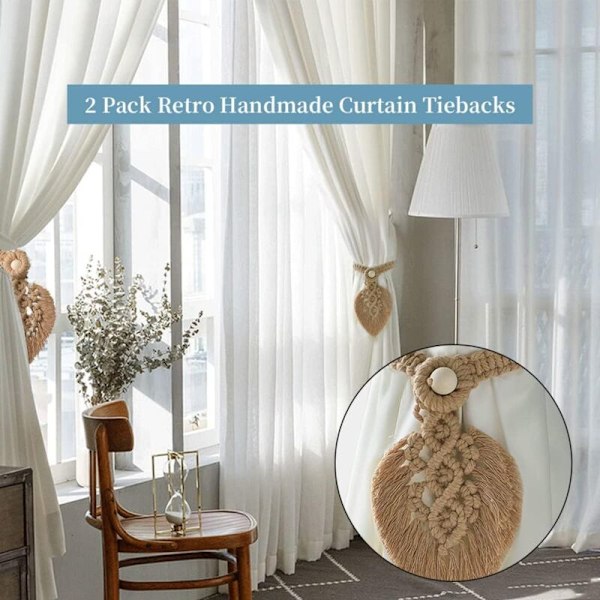 (Lys karry) Sæt med 2 gardinholdere, til boho gardiner, håndlavet holder, dekorative clips, skrivebord til kontor, hus, soveværelse, gardin