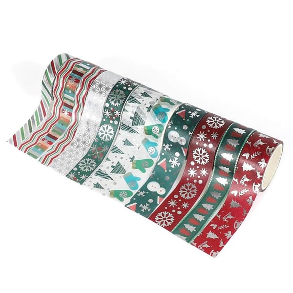Julpapper - 12 rullar julfolietejpset med hjort, snöflingor, ränder