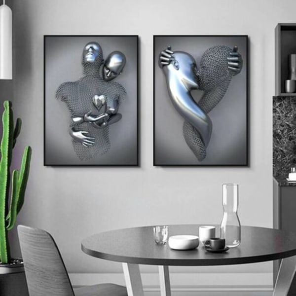 Konst Modern Poster Set om 3 - 3D Metallfigur Staty Konst Kärlek Hjärta Kyss Bilder Väggkonst Dekoration - Utan Ram - Väggdekoration Vägg Vardagsrum