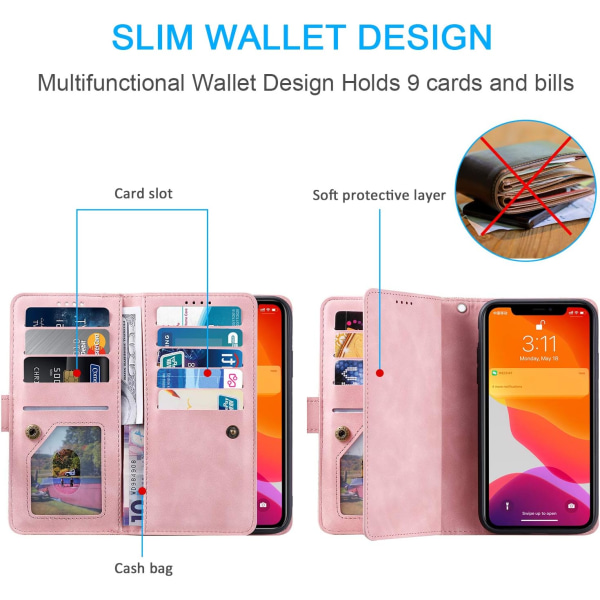 Plånboksfodral för iPhone 14 Pro, 6,1\" (telefon ingår ej) - Roséguld, 9 kortplatser, blixtlåsförsedd ficka, handväska, PU-läder magnetisk montering, Shockpro