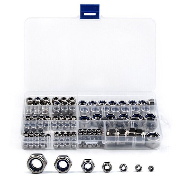 Metrisk nylon låsmutter kit, 170, m3/m4/m6/m8/m10/m12, gängad rostfritt stål, Kit med självlåsande hexagonala låsmuttrar