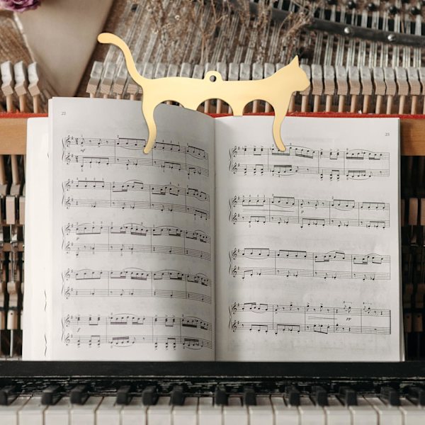 (Gull) 1 stk metallark med musikknoter, katteformet musikkstativklemme utendørs bokholder piano gitar fiolin keyboard bok